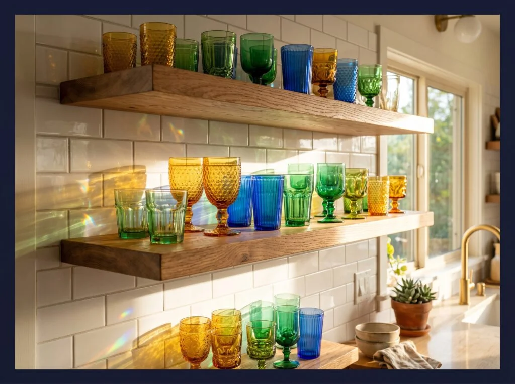 Open Shelving with Colorful Tinted Glassware