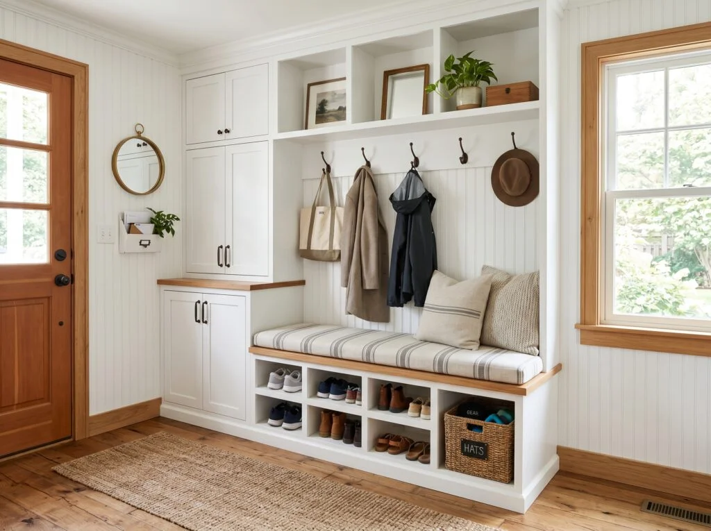 Built-In White Shaker Bench with Shoe Cubbies