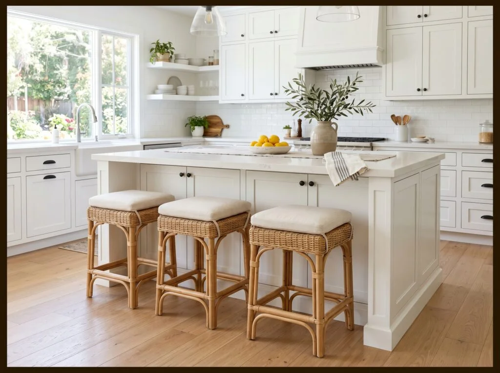 Rattan Counter Stools with Cream Cushions