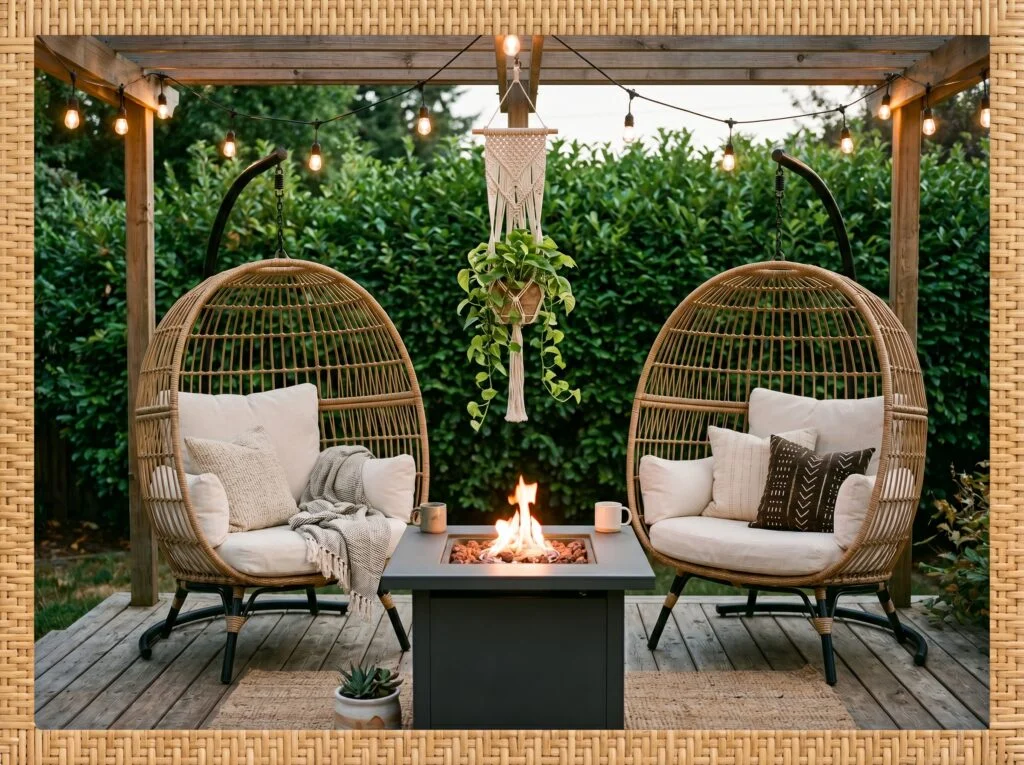 Hanging Rattan Egg Chairs Around a Fire Pit