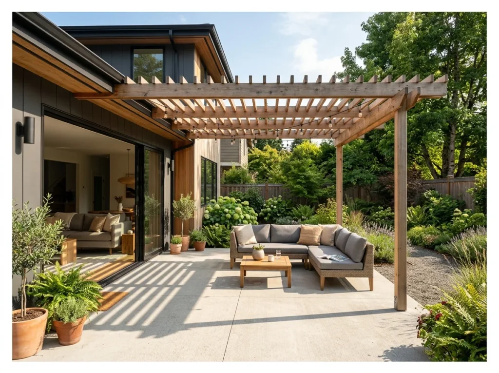 Attached Wooden Pergola Over a Patio