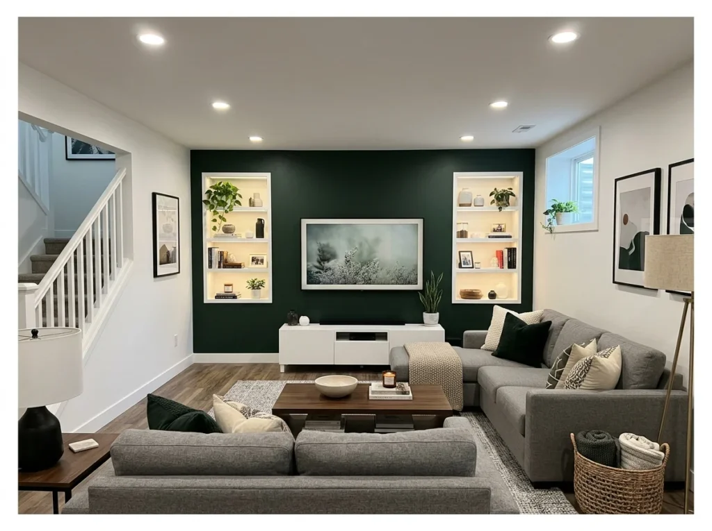 Basement Family Room with Accent Wall