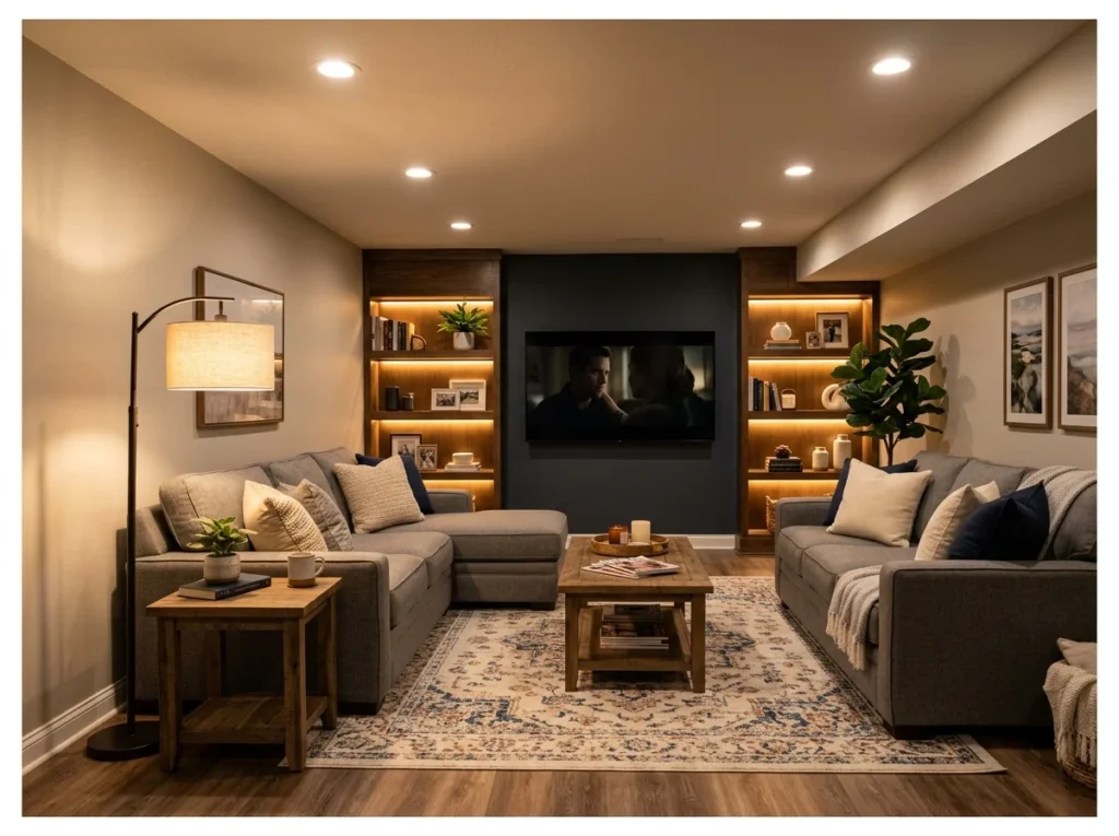 Basement Family Room with Layered Lighting