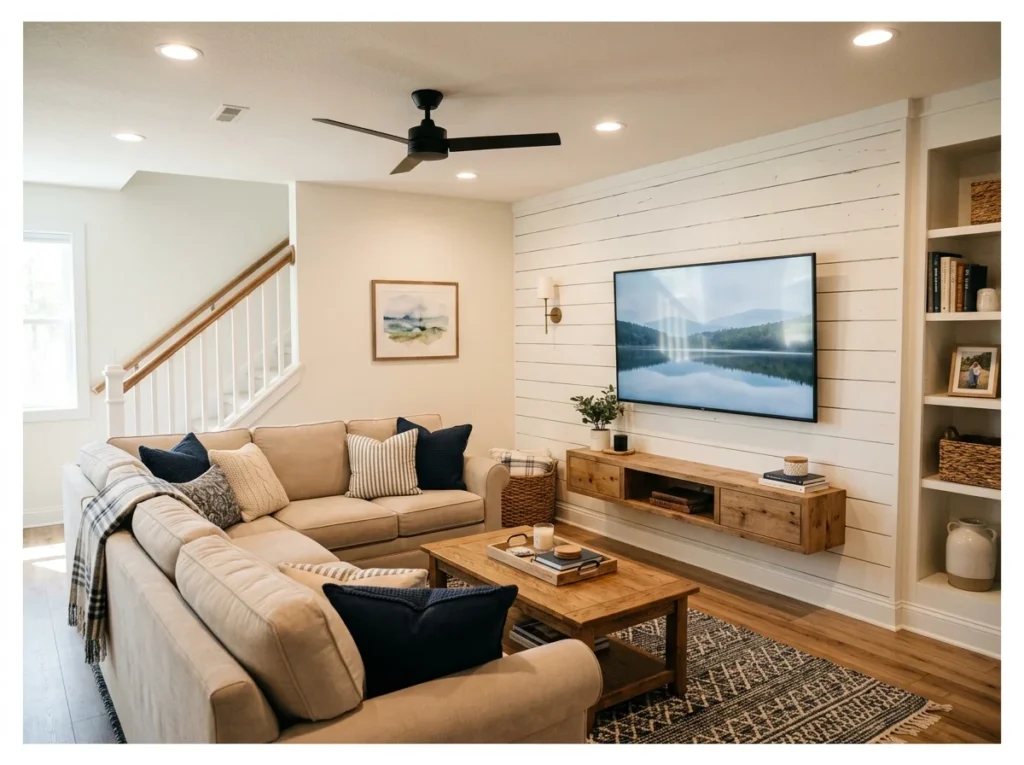 Basement Family Room with Shiplap Walls