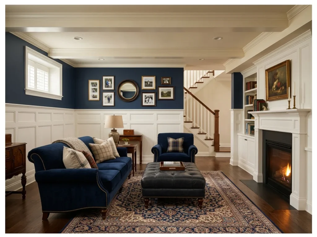 Basement Family Room with Wainscoting