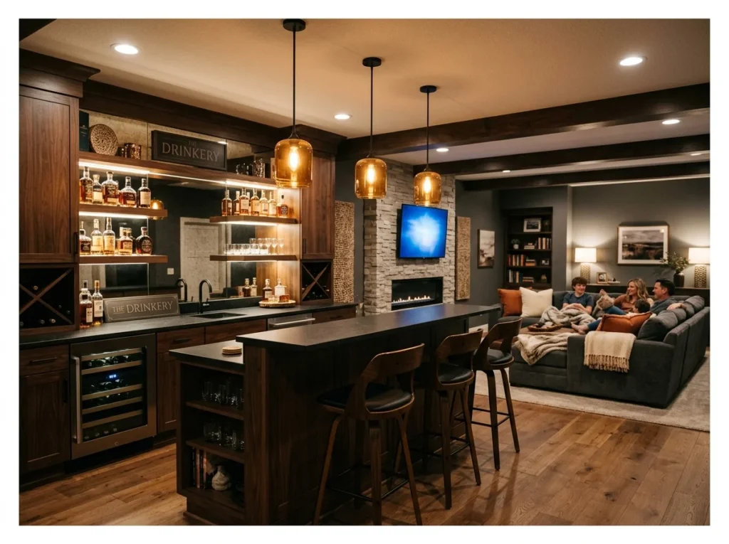 Basement Family Room with a Bar