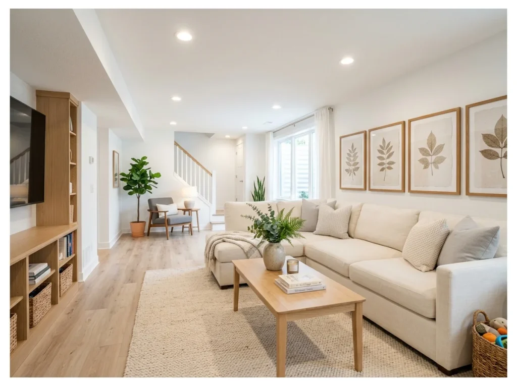 Bright and Airy Basement Family Room