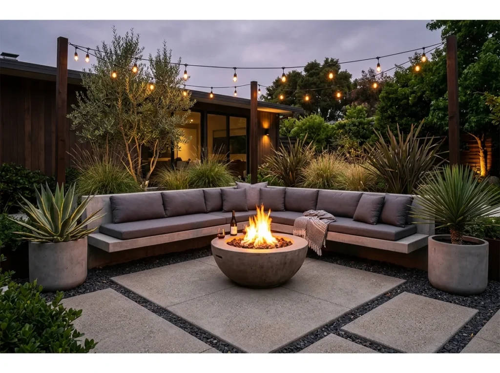 Built-In Concrete Bench Fire Pit Lounge