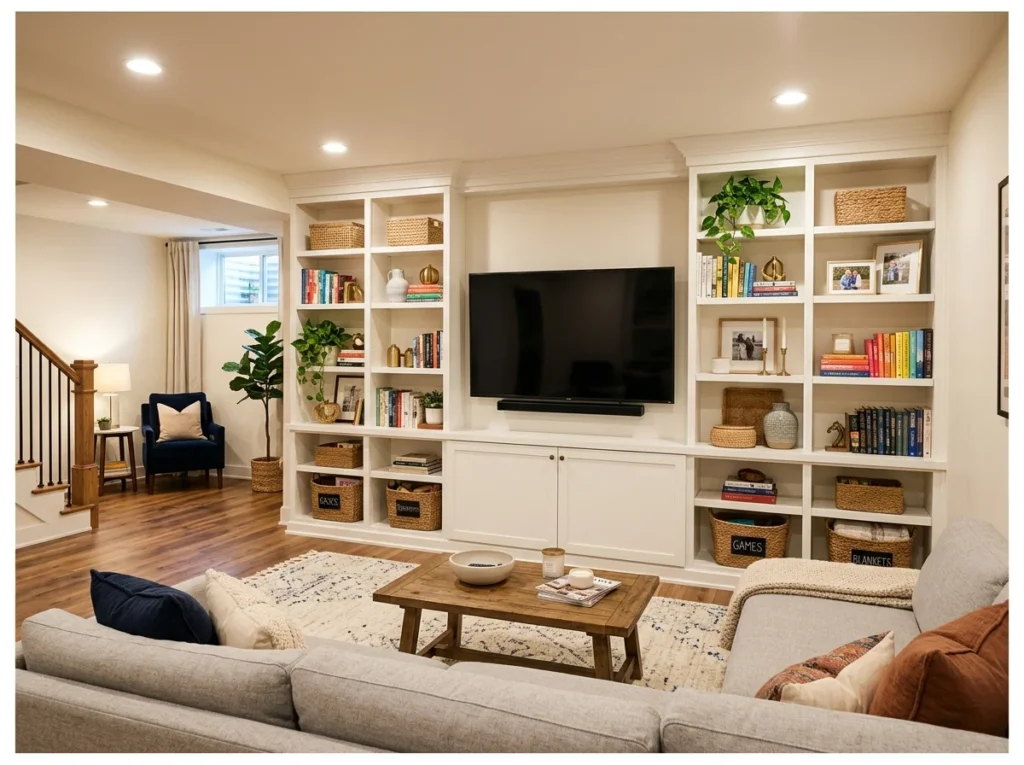 Basement Family Room with Built-In Shelving