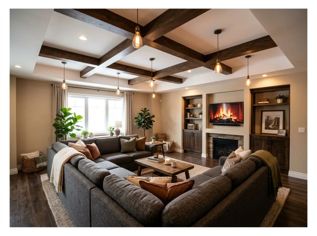Basement Family Room with Exposed Beams