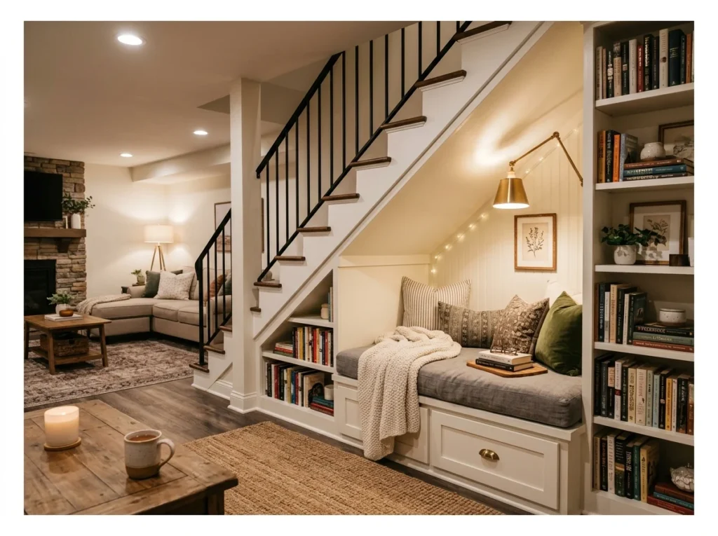 Basement with a Reading Nook