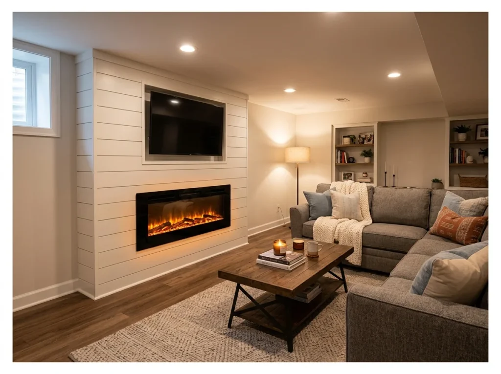 Basement Family Room with a Fireplace