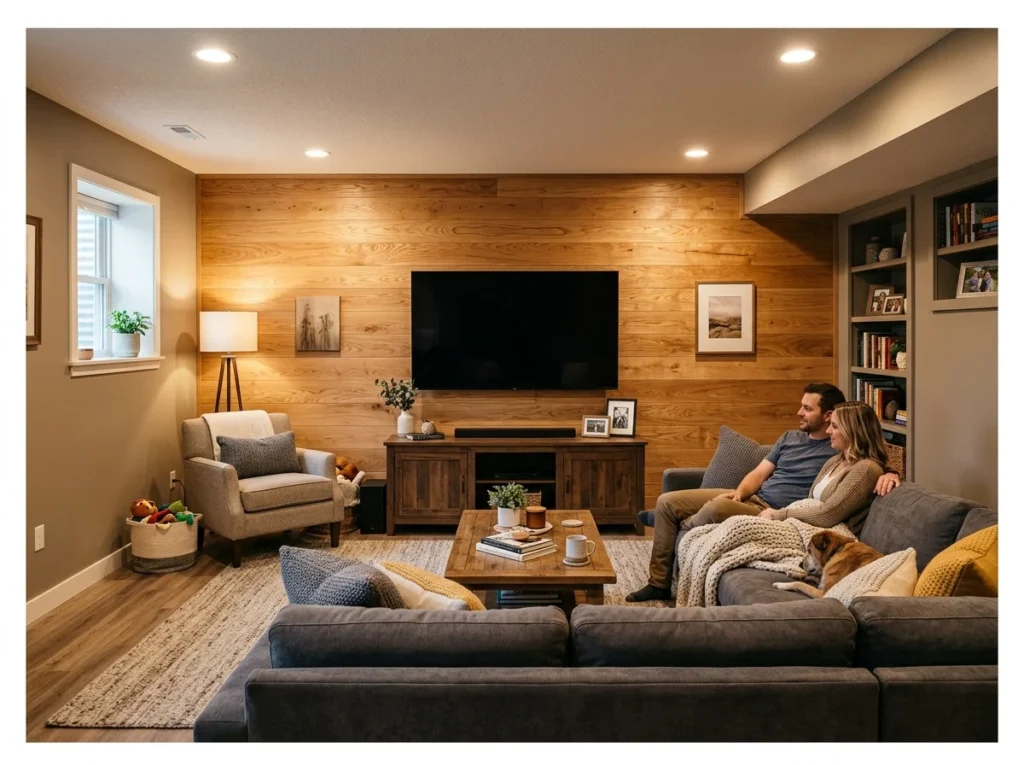 Basement Family Room with Wood Paneling