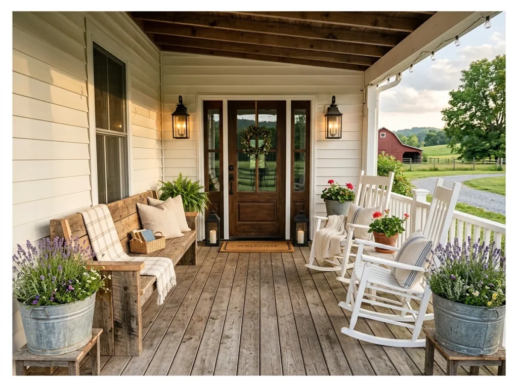 Farmhouse Porch with Bench and Rockers
