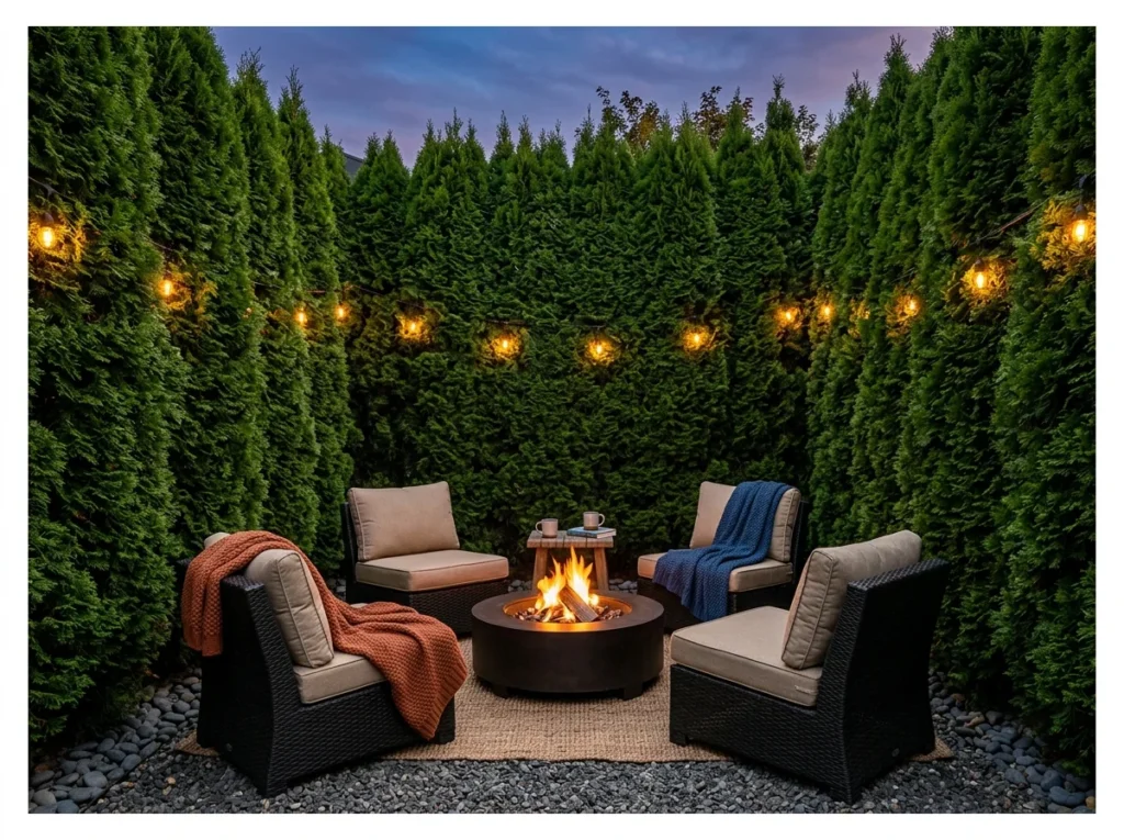 Fire Pit Lounge with Privacy Hedge