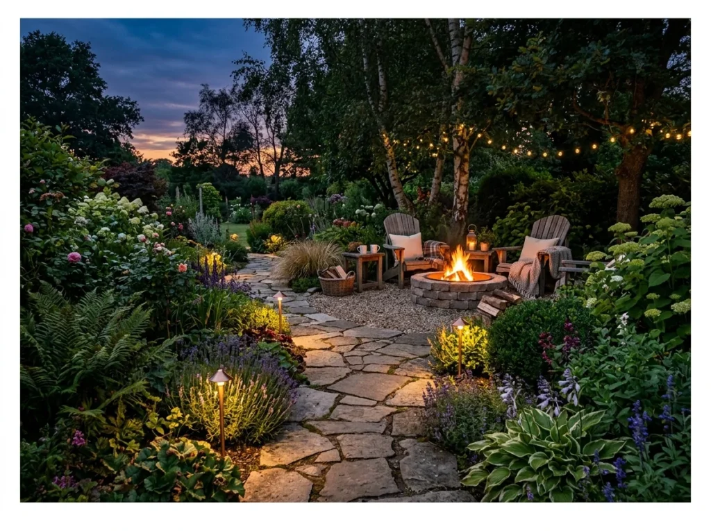 Fire Pit Lounge at the End of a Garden Path