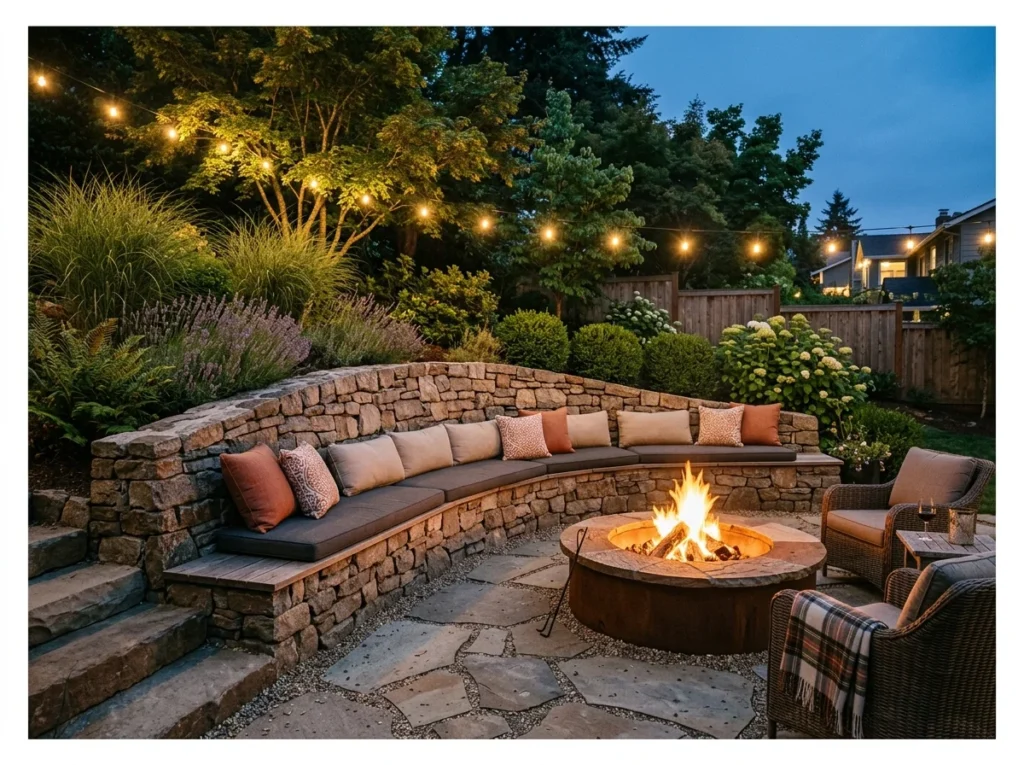 Fire Pit Lounge with Retaining Wall Seating