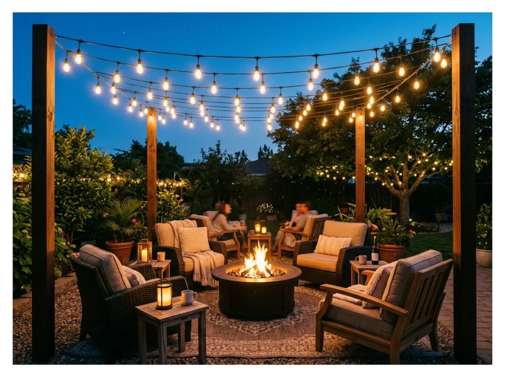 Fire Pit Lounge with String Lights Canopy