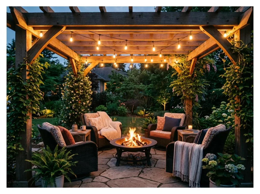 Fire Pit Lounge Under a Pergola
