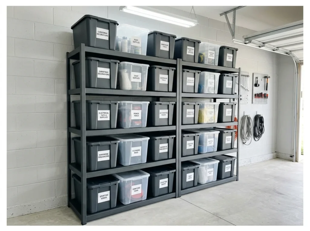 Garage with Labeled Bin Storage