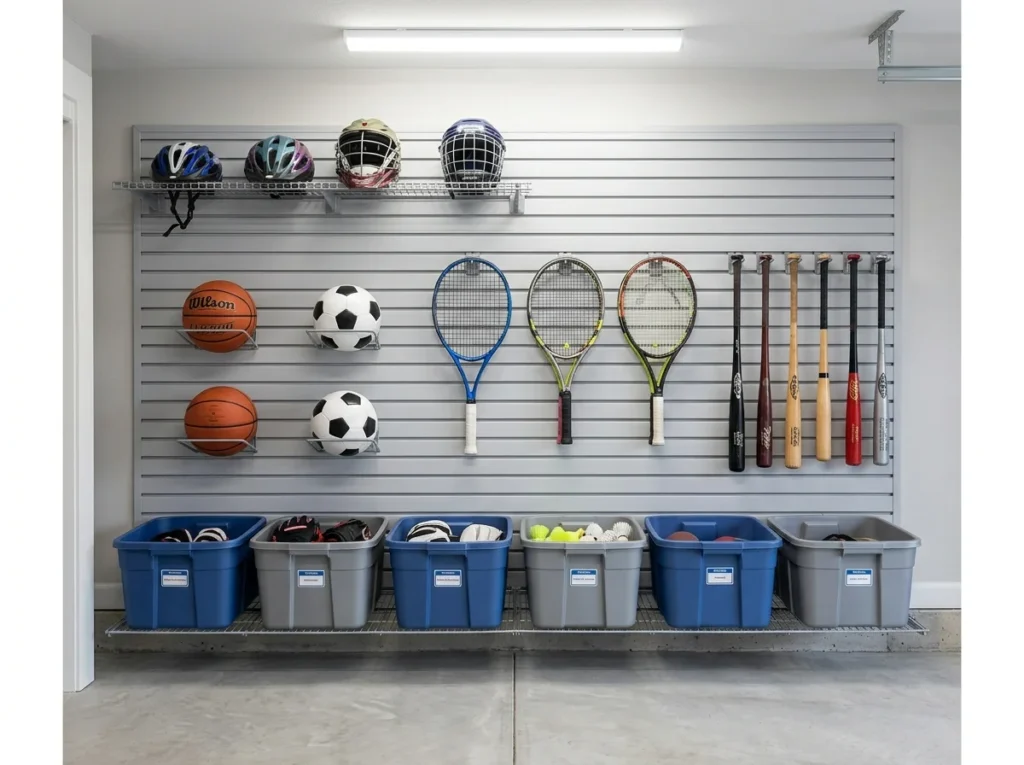 Garage with Sports Equipment Wall
