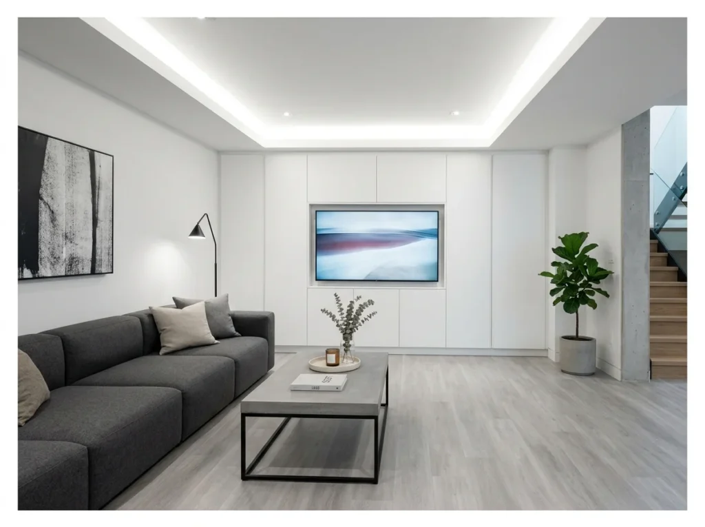 Modern Minimalist Basement Family Room