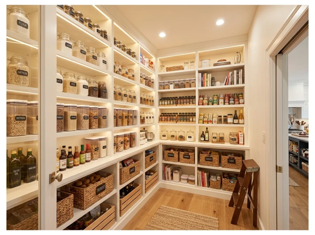 Walk-In Corner Pantry with Shelving Walls