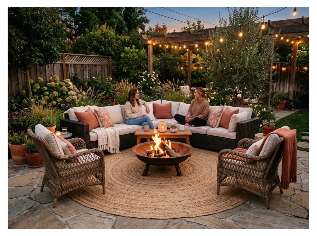 Patio Fire Pit Lounge with Outdoor Rug