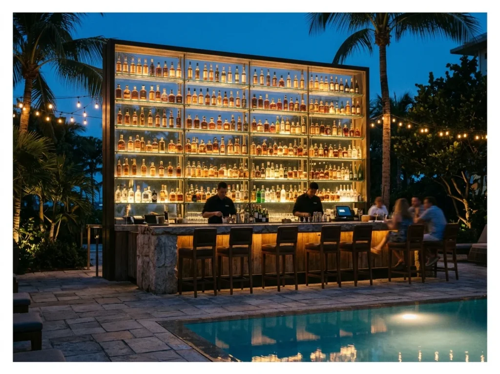 Pool Bar with Backlit Shelving