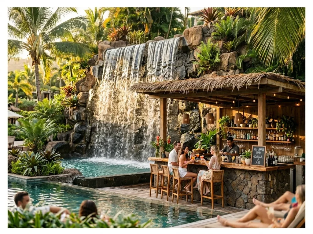 Pool Bar with Waterfall Backdrop