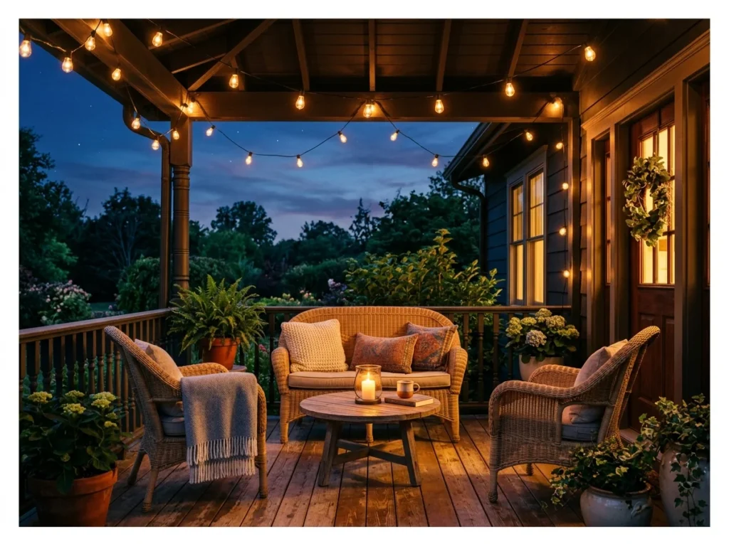 Porch Seating with String Lights