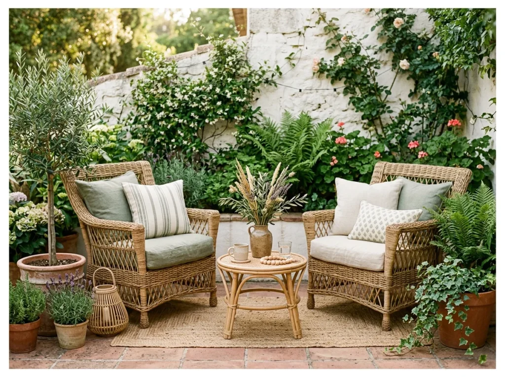 Rattan Armchairs with Cushions