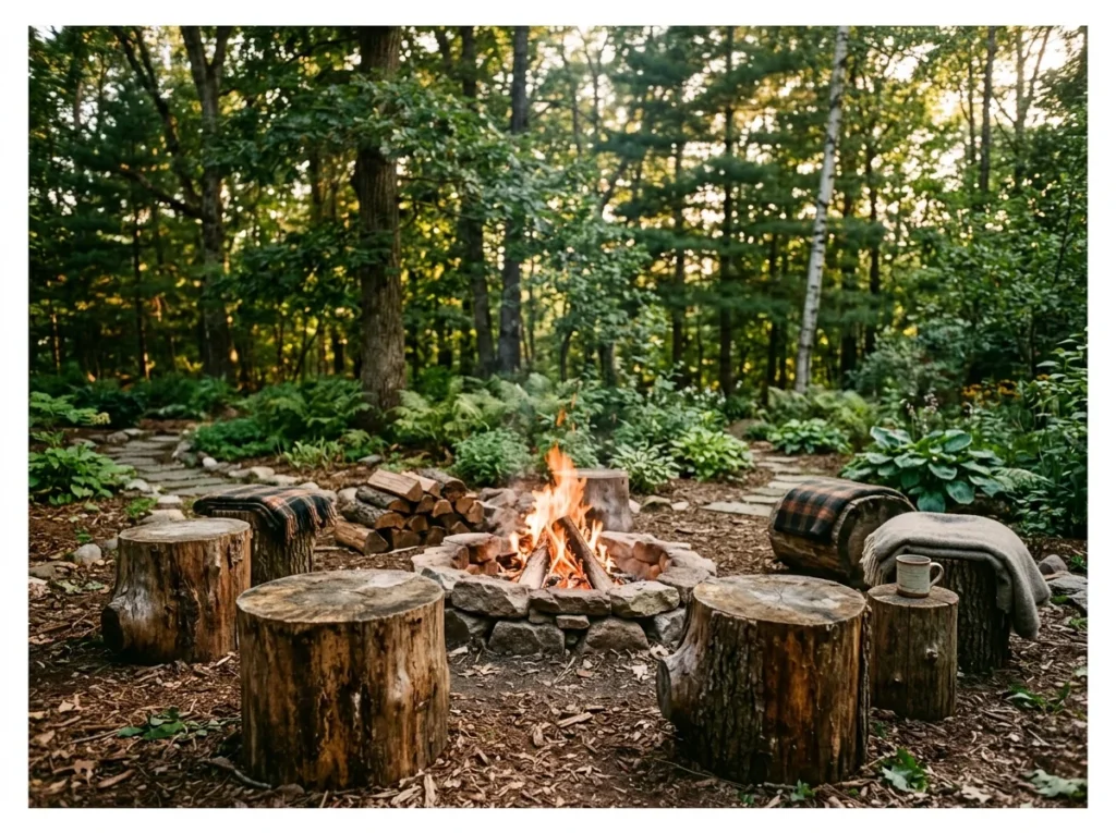 Rustic Log Bench Fire Pit Lounge