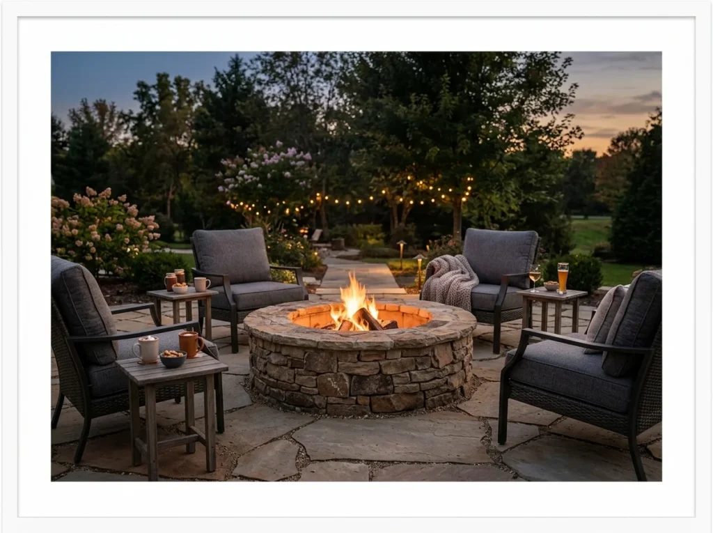 Circular Stone Fire Pit with Lounge Chairs