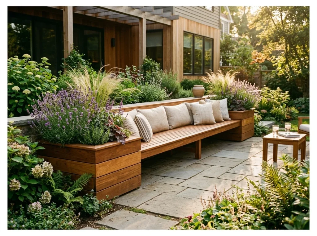 Built-In Timber Bench with Planters