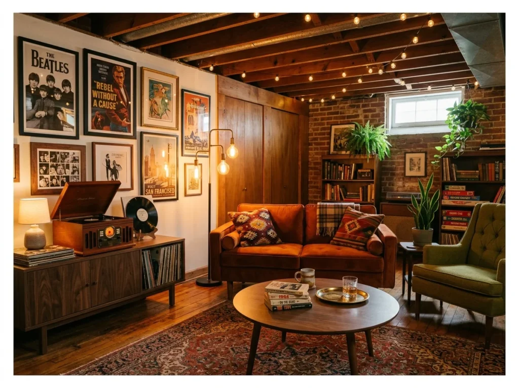 Basement Family Room with Vintage Style