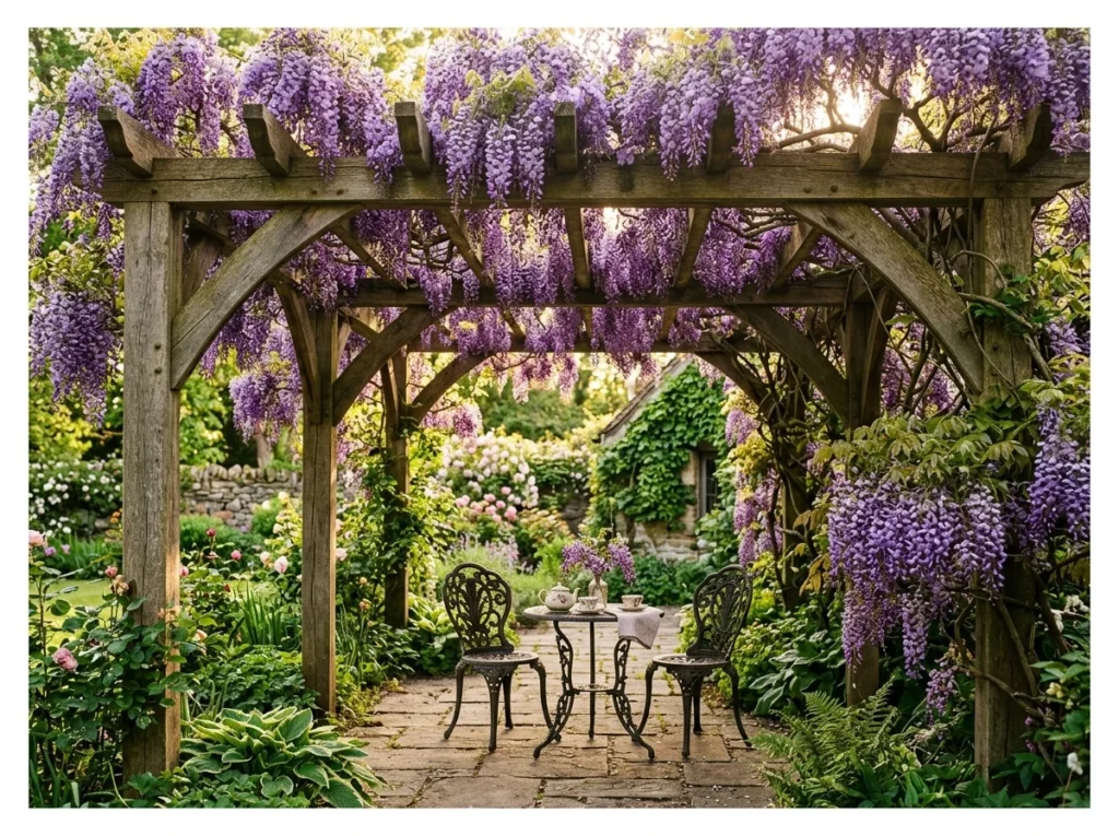 Wooden Pergola with Wisteria