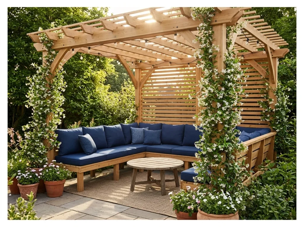 Wooden Pergola with Built-In Bench