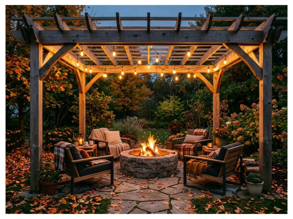 Wooden Pergola with Fire Pit