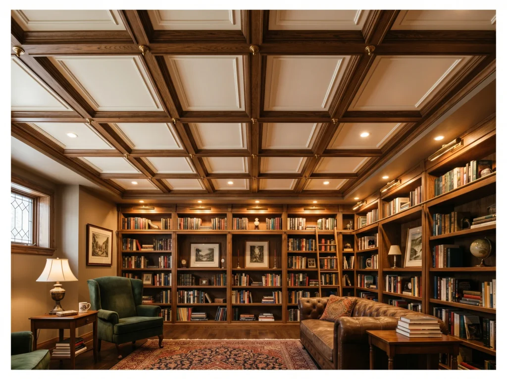 Ceiling with Wood Panels and Trim