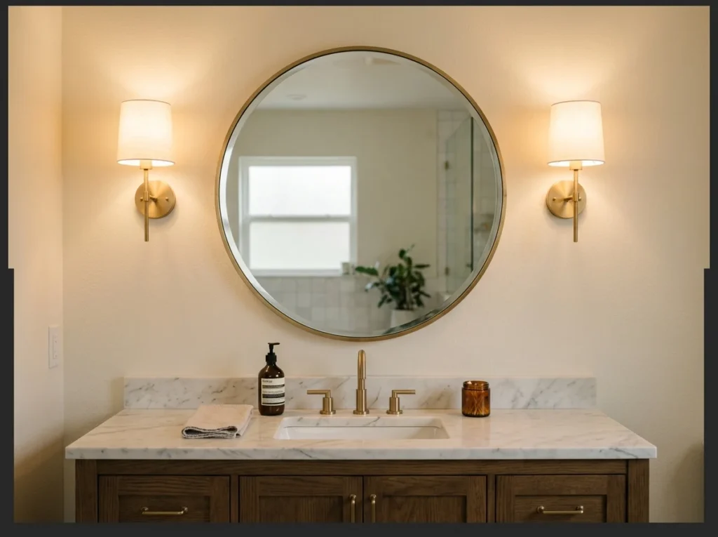 Large Round Mirror with Soft Wall Sconces