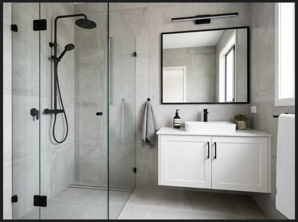 Concrete Look Tiles with Black Hardware