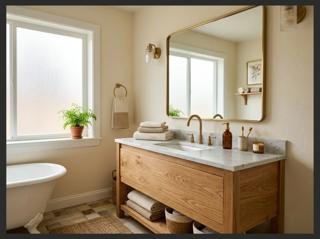 Warm Cream Walls with Natural Wood Vanity