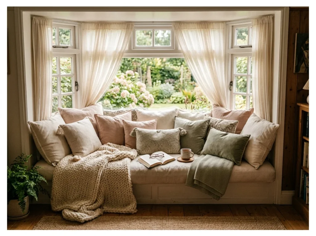 Reading Nook in a Bay Window with Pillows