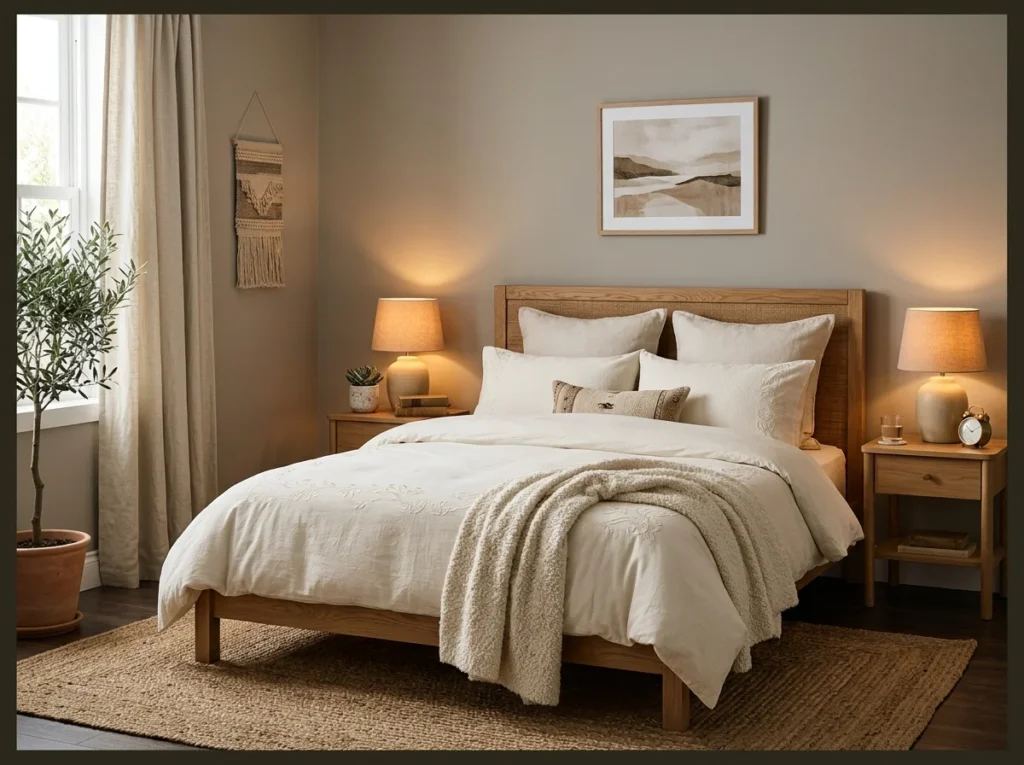Warm Greige Walls and Cream Bedding