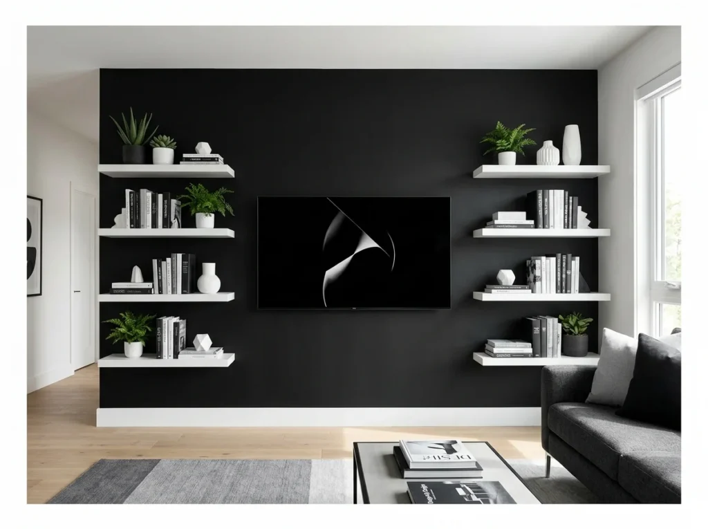 Black TV Wall with White Shelving
