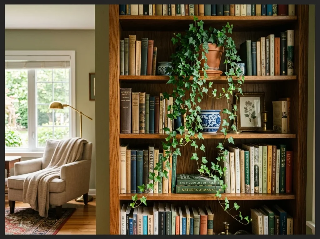Trailing Ivy on a Bookshelf