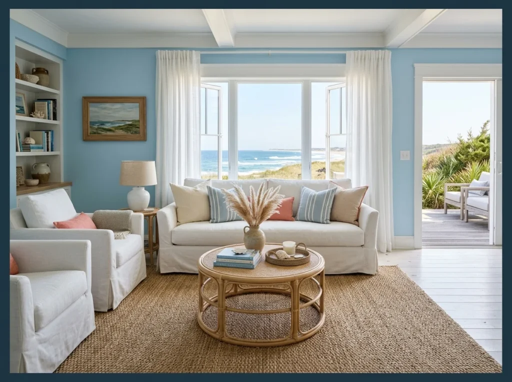 Coastal Light Blue with White and Rattan