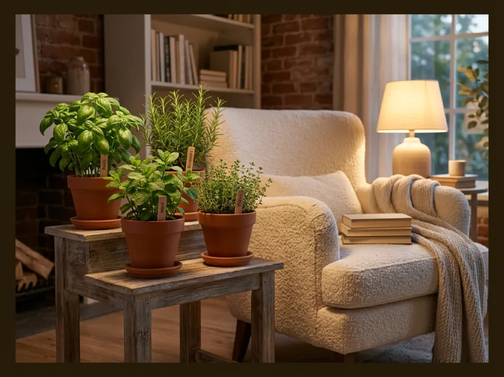 Indoor Herb Garden Near the Sofa