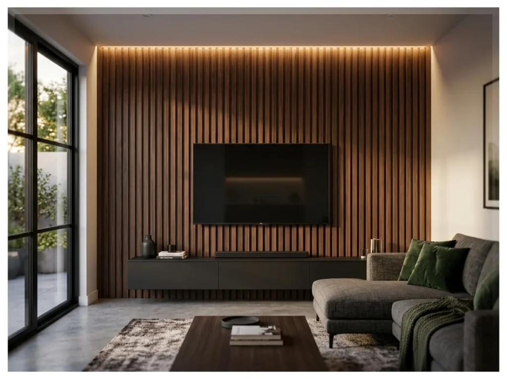 Dark Timber Slat TV Wall